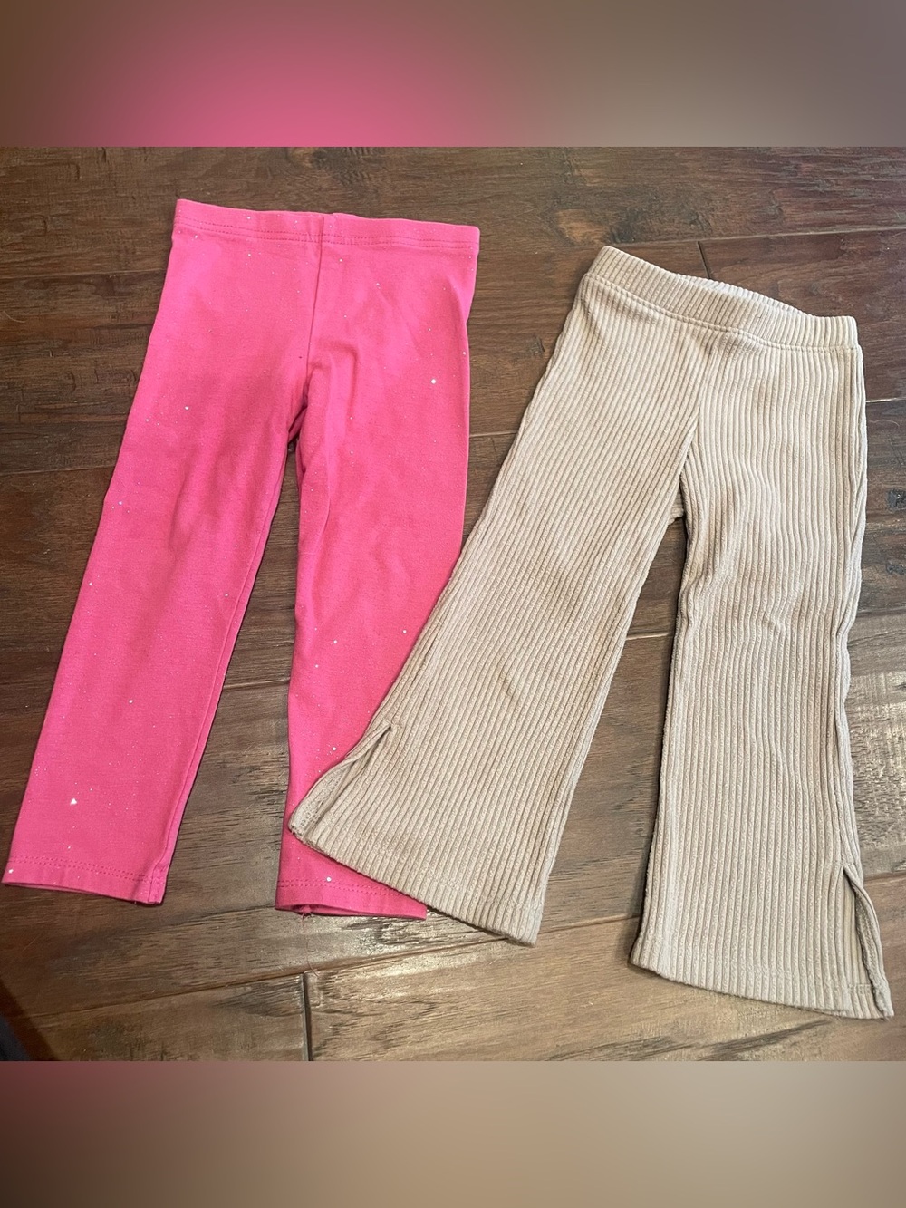 Toddler Pants 2 Count- 3T Pink Leggings & Tan Ribbed Flare Pants